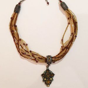 Unique Beaded Necklace With Silver Toned Pieces